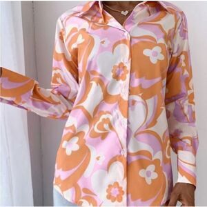 SHEIN Floral Orange & Pink 60s Hippie Inspired Button-Up Shirt Size Medium Chic